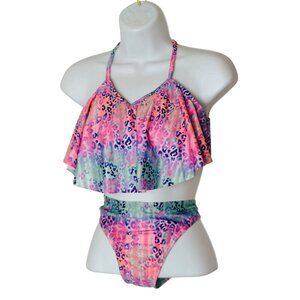 Wonder Nation Girls XL Bikini Pink Blue Two-Piece Swimsuit Leopard Print